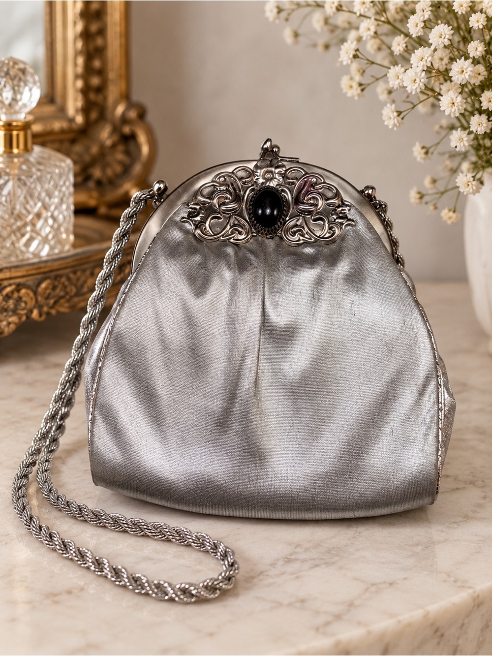 Vintage Harry Levine Silver Evening Bag Ornate Kiss Clasp & Coin Purse